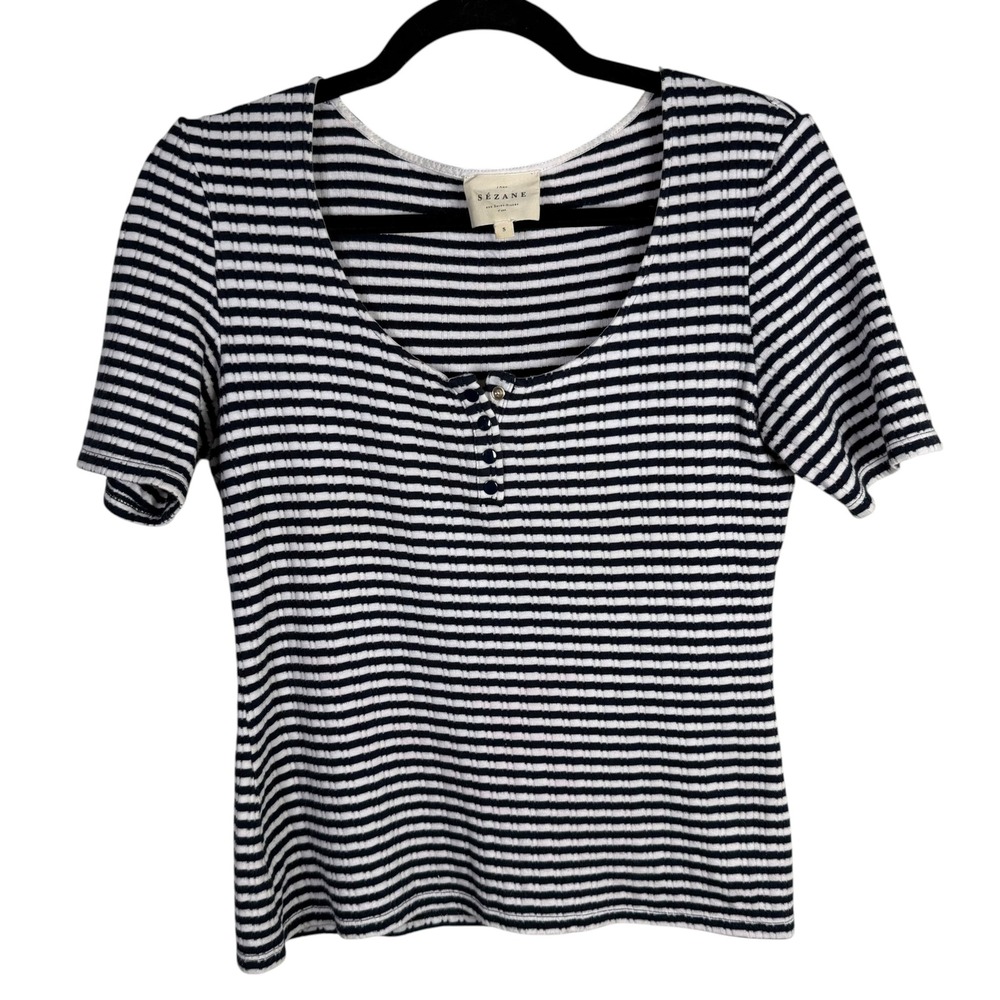 Sézane Short Sleeve T-Shirt Navy White Stripe Knit Scoop Neck Size Small